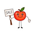 Cartoon apple with inscription sale on tablet.